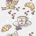 Seamless pattern with cup of coffee, croissants and fruit