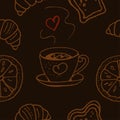Seamless pattern. Cup of coffee or tea. Bakery products. Royalty Free Stock Photo