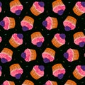Seamless pattern with a cupcake with blueberries and with pink cream. On a dark background. Muffin. Sweet pastries decorated with