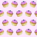 Seamless pattern of a cupcake with butter cream and blueberries on top. A sketch of a cake painted as if with markers or