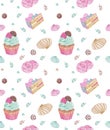 Seamless pattern cupcake, cake,candy, zephir. Watercolor hand painting motive isolated