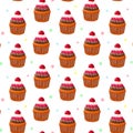 Seamless pattern with a cupcake with with cherries and chocolate and red cream . On white background. Muffin. Sweet pastries