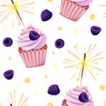 Seamless pattern with cupcake decorated with cream, blackberries and sparklers. Birthday muffin background. Festive