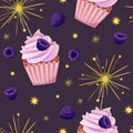 Seamless pattern with cupcake decorated with cream, blackberries and sparklers. Birthday muffin background. Festive
