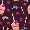 Seamless pattern with cupcake decorated with cream, raspberries and a festive candle. Birthday muffin background