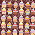 Seamless pattern Cupcake Kawaii funny muzzle with pink cheeks and winking eyes, pastel colors on chocolate brown background.