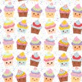 Seamless pattern Cupcake Kawaii funny muzzle with pink cheeks and winking eyes, pastel colors on white background. Vector