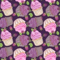 Seamless pattern cupcake pink sweet cream. Muffin, raspberry, mint. Food clipart. Valentine's Day. Hand drawn