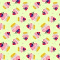 Seamless pattern with a cupcake with strawberries and blueberries and with pink cream. On a cream background. Muffin