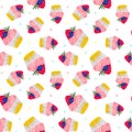 Seamless pattern with a cupcake with strawberries and blueberries and with pink cream. On a white background. Muffin. Sweet