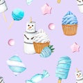 Seamless pattern with cupcake white cream, strawberry with glaze blue chocolate. Sweet summer dessert, popsicle, muffin