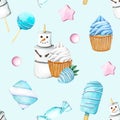 Seamless pattern with cupcake white cream, strawberry with glaze blue chocolate. Sweet summer dessert, popsicle, muffin