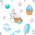 Seamless pattern with cupcake white cream, strawberry with glaze blue chocolate. Sweet summer dessert, popsicle, muffin