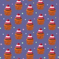 Seamless pattern with a cupcake with with cherries and chocolate and red cream . On dark blue background. Muffin. Sweet