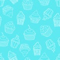 Seamless pattern with cupcakes on blue background. Sweet pattern. Vector illustration