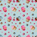 Seamless pattern with cupcakes and chocolates on a blue background.