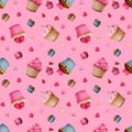 Seamless pattern with cupcakes and chocolates on a pink background.
