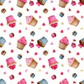 Seamless pattern with cupcakes and chocolates on a white background.