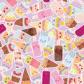 Seamless pattern cupcakes with cream, ice cream in waffle cones, ice lolly Kawaii with pink cheeks and winking eyes, pastel color Royalty Free Stock Photo
