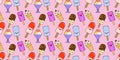 Seamless pattern cupcakes with cream, ice cream in waffle cones, ice lolly, Kawaii with pink cheeks and winking eyes