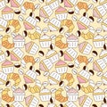 Seamless pattern. Bright little cupcakes croissants coffee beans for the holiday