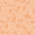 Seamless pattern. Cupcakes croissants coffee beans . Vector background for fabric, packaging and other surfaces. Bakery, cafe,