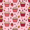 Seamless pattern with cupcakes, Cupcakes background, Pink background