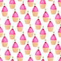 Seamless pattern with cupcakes . Cute background in watercolor. Sweet fashion print. Birthday invitation decoration.