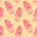 Seamless pattern with cupcakes in hand drawn retro style.