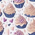 Seamless pattern with cupcakes and hearts. Vector illustration. Ai generated