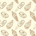 Seamless pattern of cupcakes, ice cream in a horn, popsicle and donut. Monochrome color pattern of hand-drawn elements