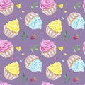 Seamless pattern cupcakes muffins multicolored sweet whipped cream, lemon, raspberry. Pink, yellow, blue. Hand drawn