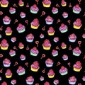 Seamless pattern. Cupcakes with pink cream and a scarlet rose in the cups on black.Heart lollipop. Watercolor