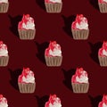 Seamless pattern cupcakes silhouettes, muffin sweet white cake and red on top painted with gouache on burgundy. Texture with