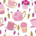 Seamless pattern of cupcakes, strawberries, teapots and teacups on a white background. Royalty Free Stock Photo