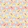 Seamless pattern with cupcakes and sweet words. Vector striped background for fabric, packaging