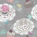 Seamless pattern with cupcakes, tea and macaroons Royalty Free Stock Photo