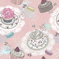 Seamless pattern with cupcakes, tea and macaroons. Royalty Free Stock Photo