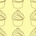 Seamless pattern with cupcakes. Vector hand drawn Illustration. Line art style dessert isolated on light yellow background. Royalty Free Stock Photo