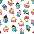 Seamless pattern with cupcakes on a white background. Sweet cakes decorated with cherry, strawberry, glaze and cream
