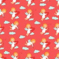 Seamless pattern with cupids carrying bow, arrows, harp and heart on cloudis Royalty Free Stock Photo