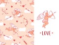 Seamless pattern with cupids, arrows and hearts. Valentine`s day greeting card. Vector background Royalty Free Stock Photo