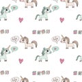 Seamless pattern with cuple little Unicorn with heart isolated on white