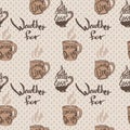 Seamless pattern with cups of cocoa and inscriptions