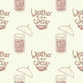 Seamless pattern with cups of cocoa for takeaway and rain