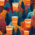 Seamless pattern with cups of coffee in autumn forest. Vector illustration Royalty Free Stock Photo