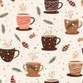 Seamless pattern with cups of coffee and Christmas decorations. Vector illustration Royalty Free Stock Photo