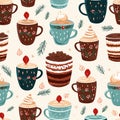 Seamless pattern with cups of coffee and sweets. Vector illustration Royalty Free Stock Photo