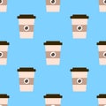 Seamless pattern with cups of coffee to go on a blue background. Cartoon morning coffee tiling pattern.