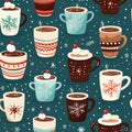 Seamless pattern with cups of hot cocoa marshmallows and snowflakes